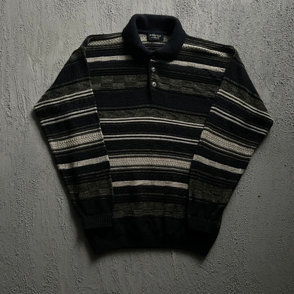 Vintage Profilo Classics Sweater Medium Black 90s Coogi‎ Style Striped Knit Polo